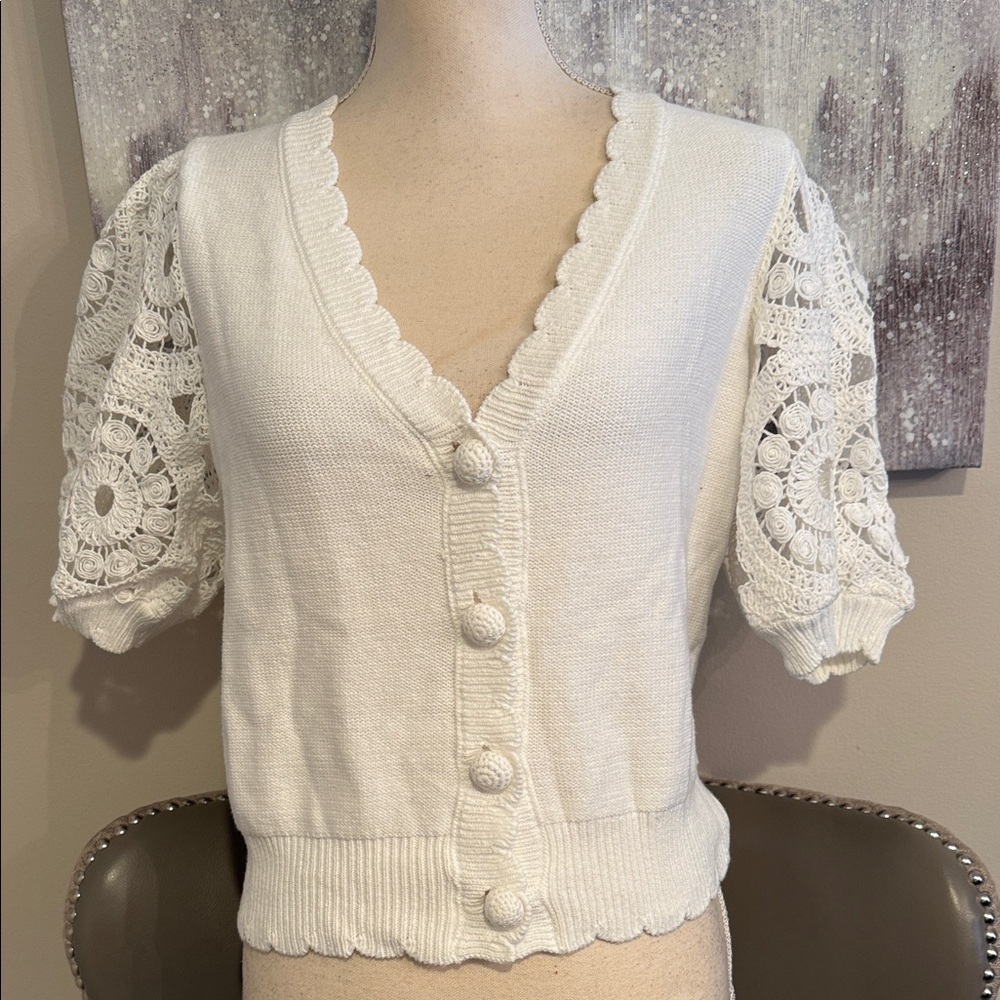 Design History White Knit Cardigan with Lace Sleeves Size Medium (NWT)